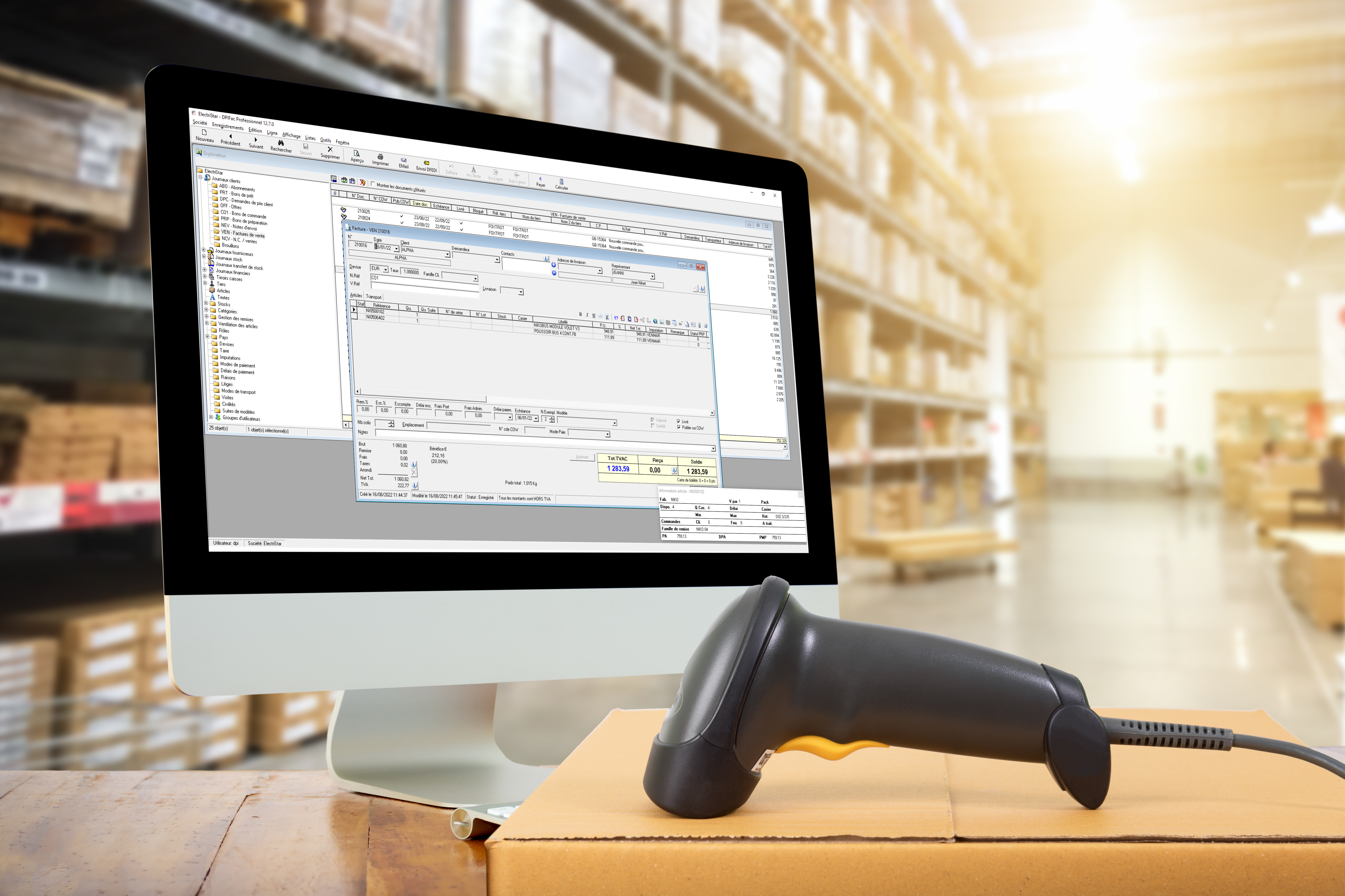 Le programme DPIFac sur un écran d'ordinateur, permettant la gestion commerciale du hall de stockage.